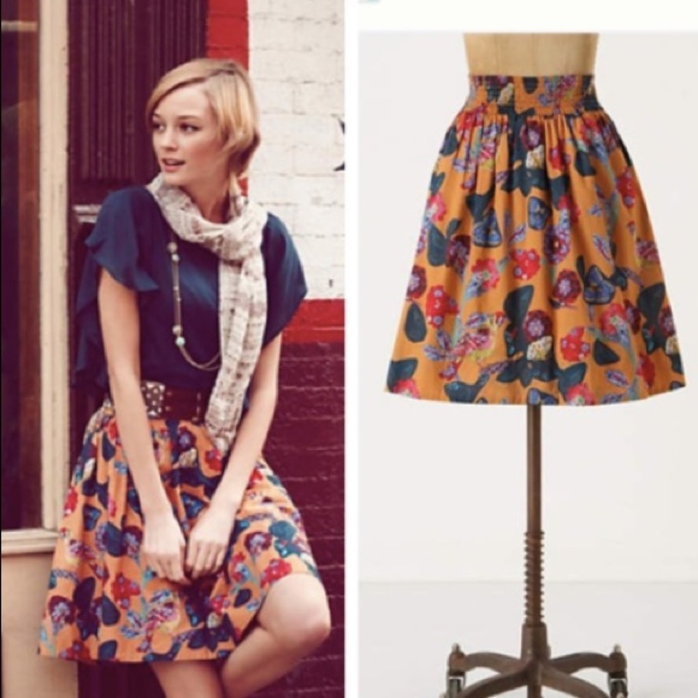 Anthropologie Printed Mustard Bird Skirt